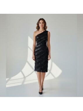 Tadashi Shoji contemporary black sequin one shoulder sexy formal LBD dress size4